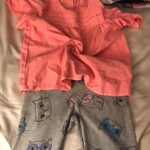 Girls cat leggings pants and orange shirt off the shoulder set
